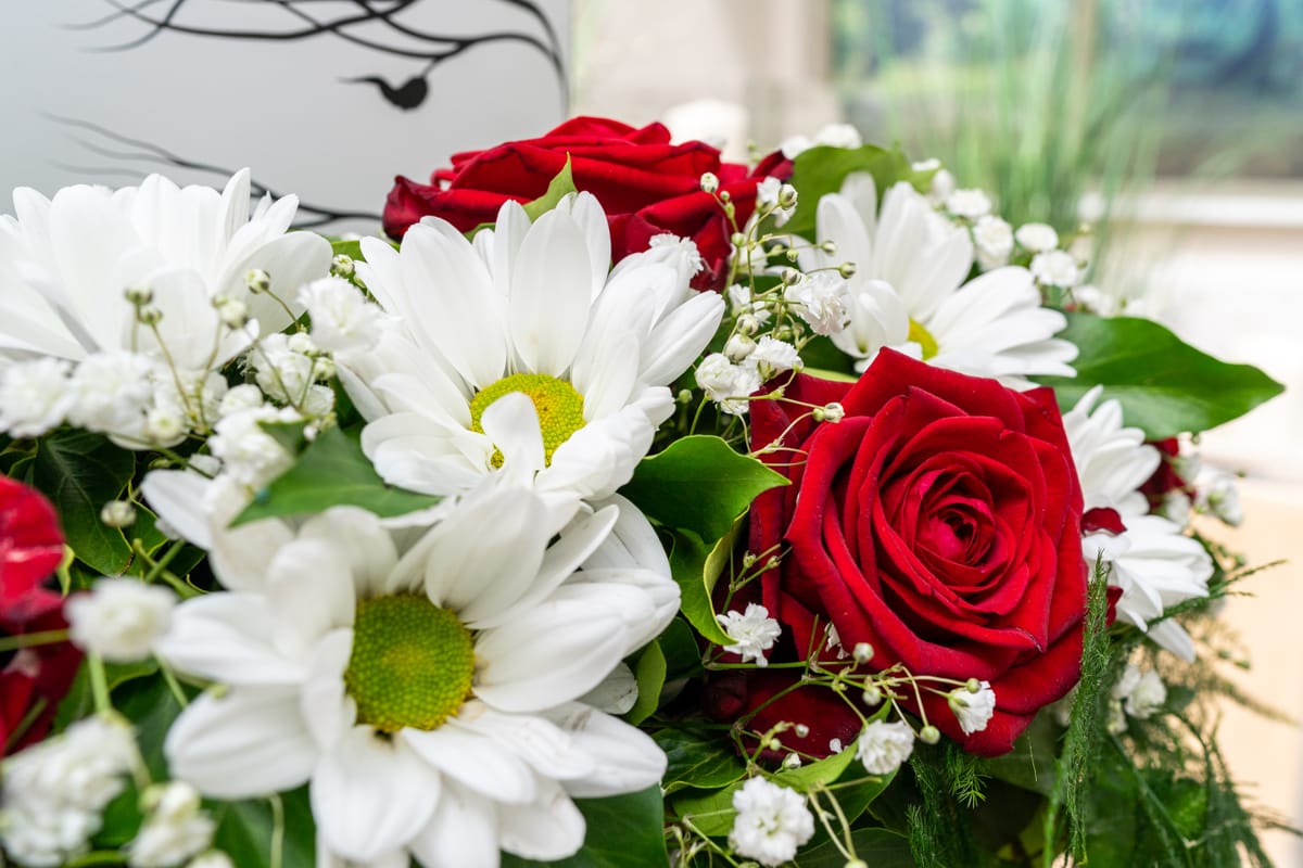 Nahaufnahme roter Rosen und weißer Margeriten